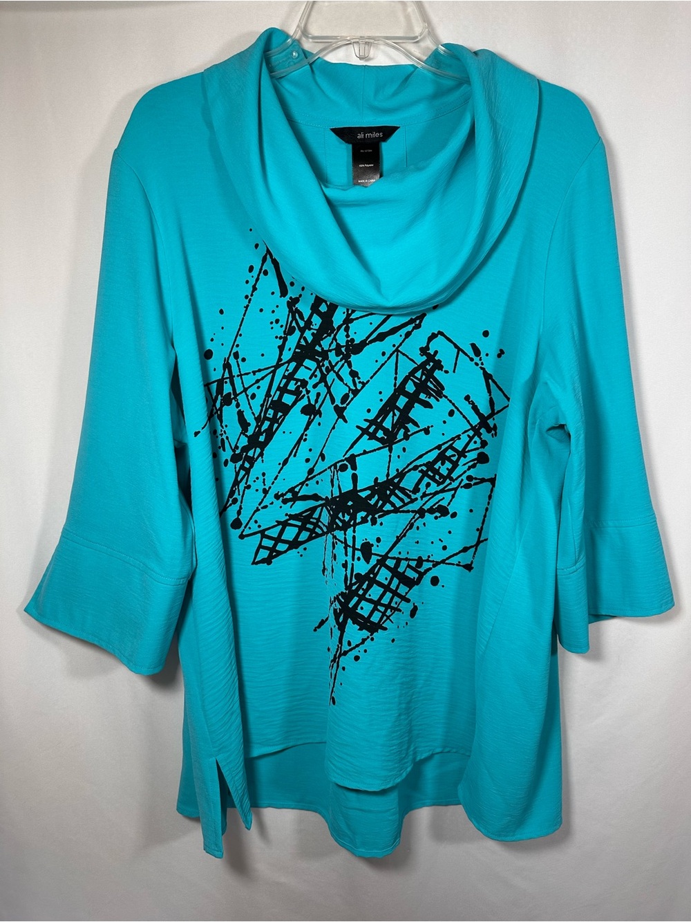 Ali Miles Abstract Paint Splatter Cowl Neck Top Blue Black Bell Sleeve Size XL